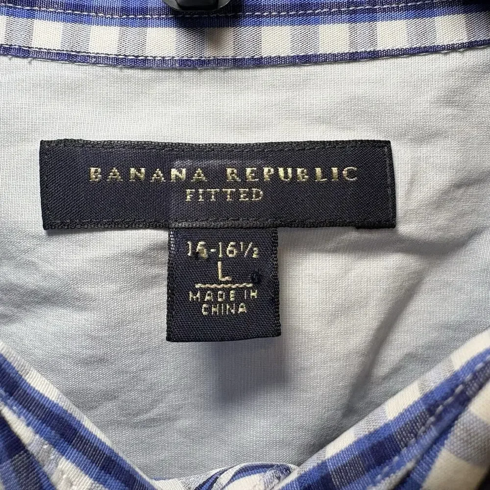 Banana Republic Button Up Men's Large 16-16.5 Fitted Blue Plaid Tailored Italy